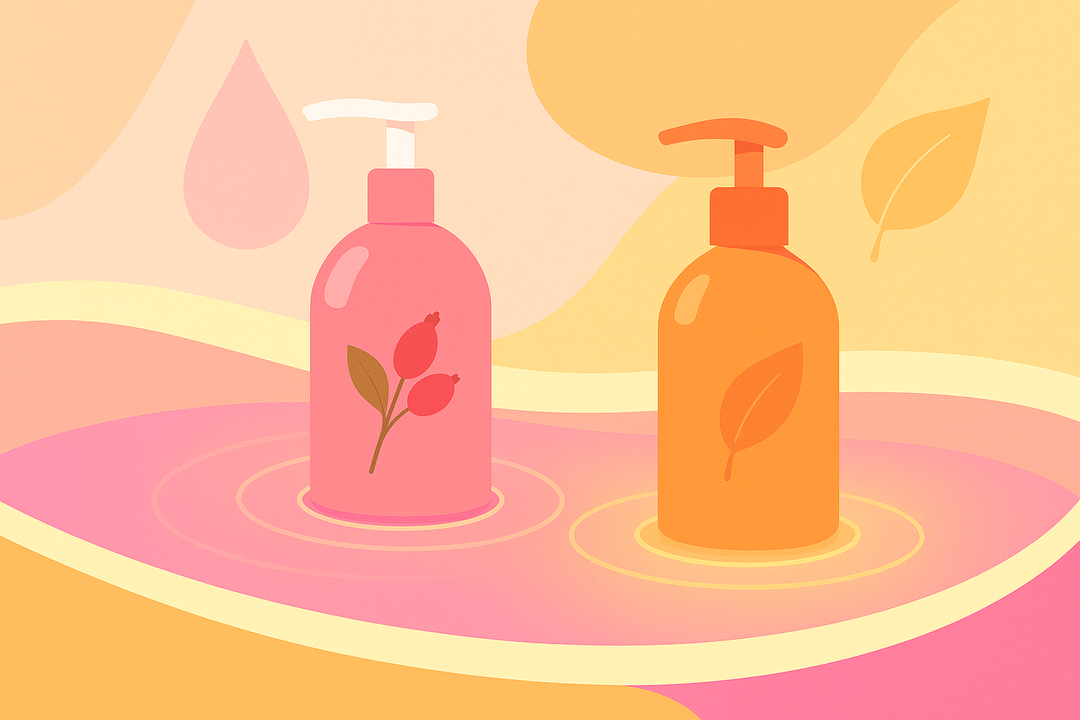 Two bottles side by side representing a 2 step skincare process for baby oil and baby lotion for dry skin