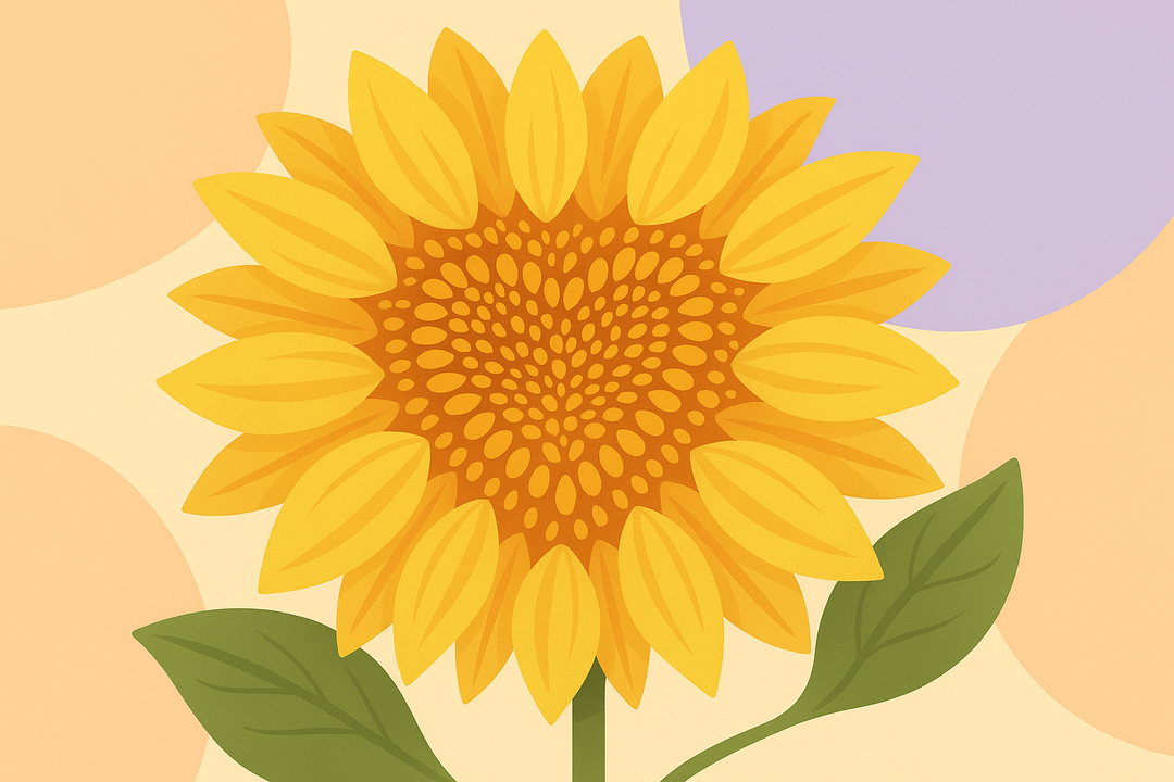 Illustration of a vibrant yellow sunflower with green leaves against a pastel background with circular shapes in peach and lavender tones.