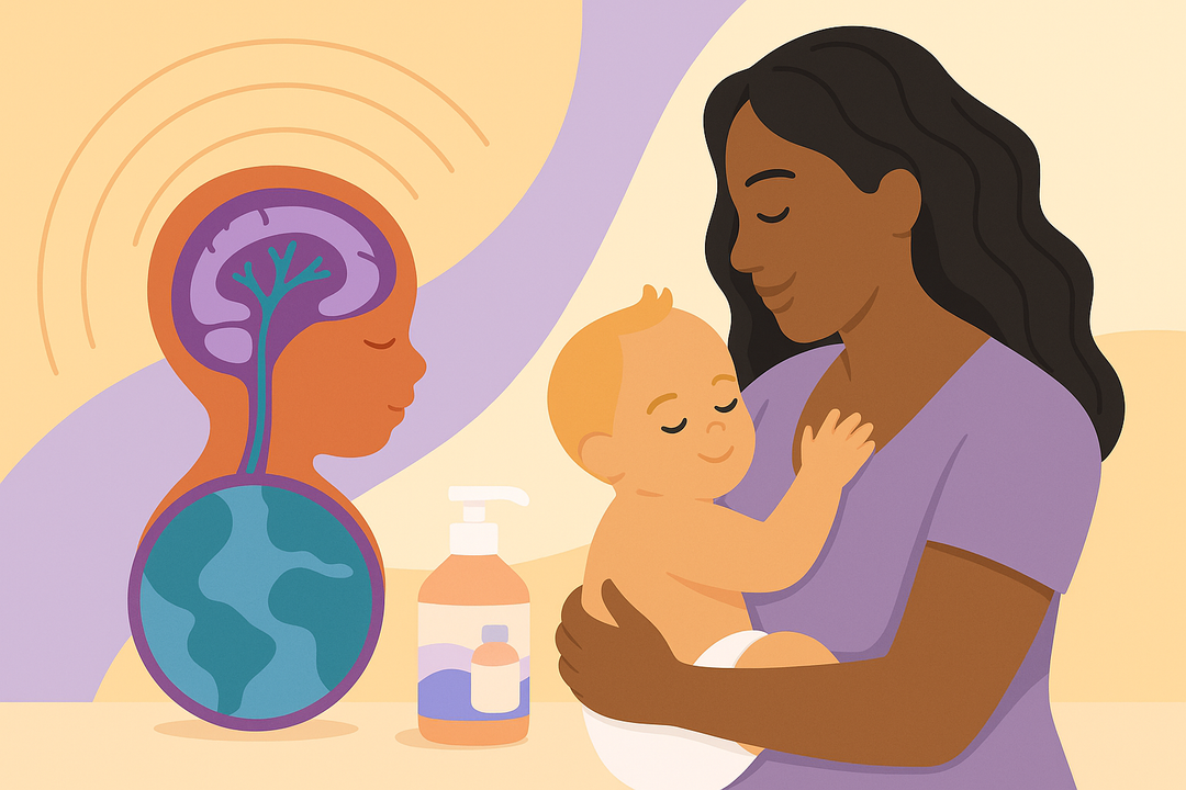 Illustration of a mother lovingly holding her baby, with a background showing a symbolic image of a child's brain and Earth, alongside a bottle of lotion.