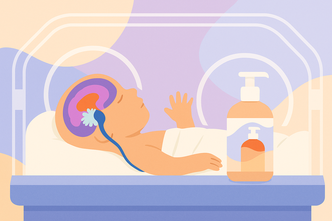Illustration of a newborn baby in an incubator with visible brain anatomy and medical tubing, next to a bottle of skincare or hygiene product.