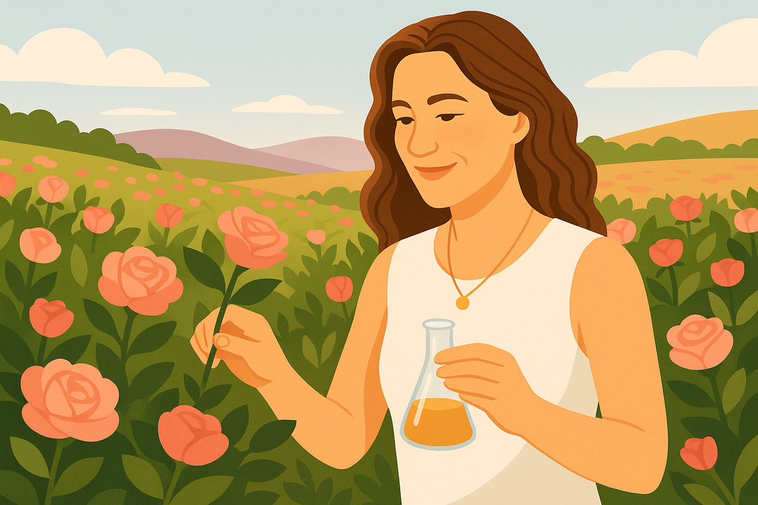 Illustration of Kim Walls, BEB Founder, examining roses from a regenerative farm. She's holding a beaker to illustrate the idea of Phytocura and clean ingredients.